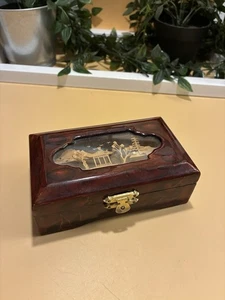 Vintage Wood Chinese Lacquered Carved Cork Diorama Art Trinket Jewelry Box - Picture 1 of 13