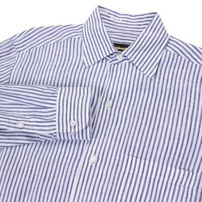 Paul Stuart Mens L Blue White Stripe 100% Linen LS Shirt Made in Italy - Image 1 of 4