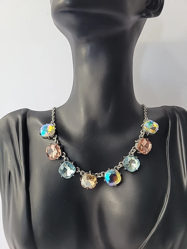 Collar Vintage Tono Plata Piedras Cristal Pastel Iridiscente Aurora Boreal Foto 1 de 4