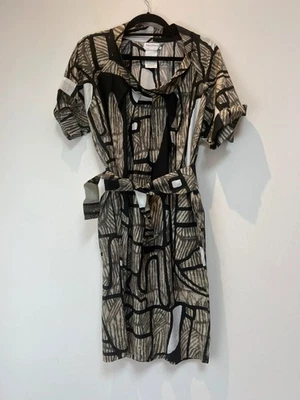 Max Mara Estampado Capucha Cuello Algodón Vestido Geométrico 10 Marrón Gris Negro Túnica Foto 1 de 4