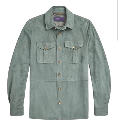 $2,495 NWT Ralph Lauren Purple-Label Suede Overshirt Green Bay Mens LARGE - Image 1 of 4