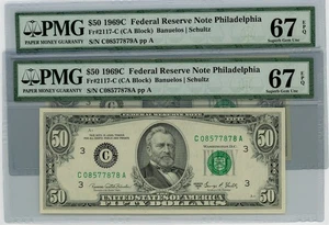Fr. 2117-C $50 1969C Federal Reserve Note 2 Consecutive #DC-2645 67 EPQ PMG - Picture 1 of 3