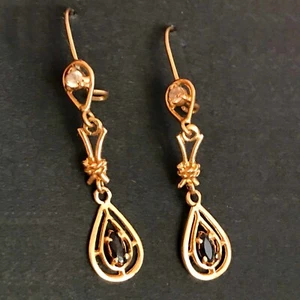 *Vintage 80's Does Victoriana 14K Gold Long Earrings Two Stones Earrings - Foto 1 di 7
