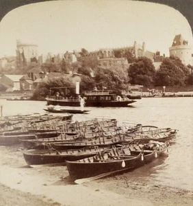 Stereoview Windsor Castle from Across the Thames England Tour Boats 1896 - Foto 1 di 3