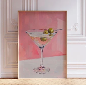 Watercolor Girly Pink Dirty Martini Cocktail Kitchen Bar Wall Art Print Poster - Picture 1 of 6