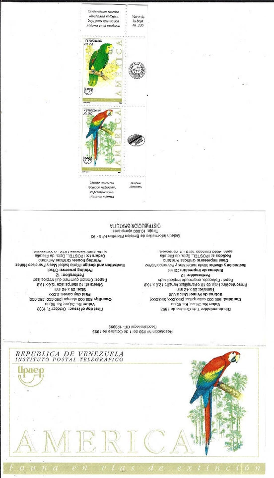 Venezuela: 1993; Scott 1504, set en MNH, loros, UPaep + Folleto, EBV351 Foto 1 de 2