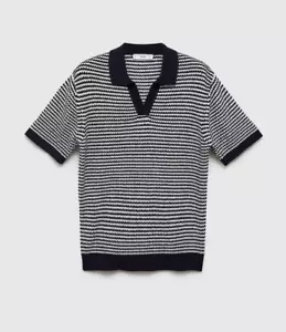NWT Mango MNG Men's Collared Short Sleeve Sweater Polo in Dark Navy Striped Sz L - Picture 1 of 18