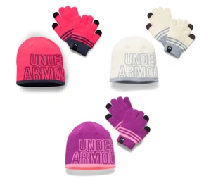 UNDER ARMOUR GIRL'S 2.0 BEANIE HAT & GLOVE COMBO SET PINK PURPLE IVORY SIZE 8-20 - Picture 1 of 7