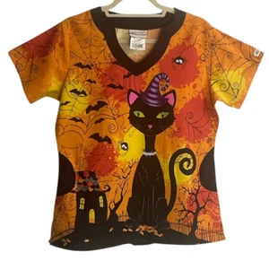 UA Scrub Top Halloween Holiday Size S Small Black Cat Haunted House Bats - Picture 1 of 4