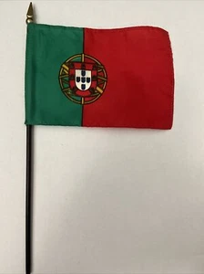 New Portugal Mini Desk Flag - Black Wood Stick Gold Top 4” X 6” - Picture 1 of 3
