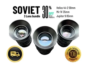 3 Lens Bundle Helios-44-2, Mir-1B, Jupiter-9 for Canon, Cinema Set Soviet Lenses - Picture 1 of 10