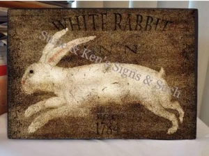 Vintage Wooden Sign White Rabbit Inn EST 1784 Country Farm Hare Bunny Rabbit - Picture 1 of 2