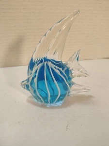 Blue White Stripe 5" Art Glass Angel Fish Figurine - Picture 1 of 7