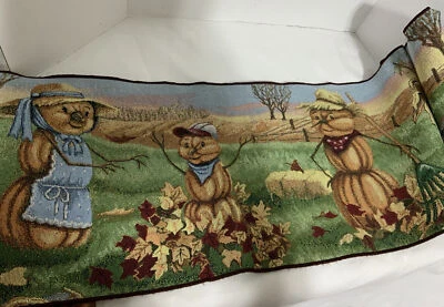 Pumpkin Snowman Family Autumn Leaves Apples Cornstalks 72”Tapestry Table Runner - Image 1 of 2