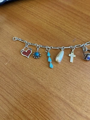 Sterling Silver Charm Bracelet. Native, Tiffany And Co, Pearl, Heart, Roughly7.5 - Image 1 of 4
