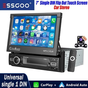 1 DIN 7" Apple Carplay Car Stereo Radio Head Unit Flip Out Touch Screen Camera - Picture 1 of 16