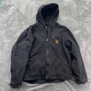 Carhartt Hooded Detroit Jacket Mens Large J141 Black Sherpa Lined Duck Canvas - Picture 1 of 12