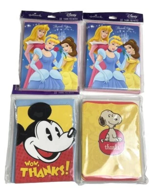 Hallmark Disney Peanuts THANK YOU Note Cards 4 10-Packs Princess Mickey Snoopy - Image 1 of 4