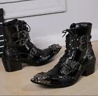 Mens Punk Metal Pointy Toe Block High Heel Leather Boots Party Shoe Ankle Boots