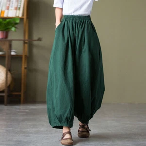 Womens Harem Cotton Linen Pants Long Loose Bloomers Pants Casual Trousers Baggy - Picture 1 of 13