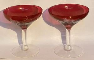 Pair Cranberry Bohemian Cut To Clear Cocktail Cordial Coupe Glasses - Picture 1 of 12