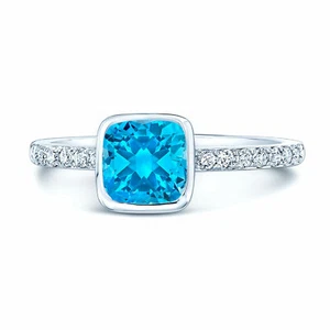 14k White Gold Bezel Set Cushion Swiss Blue Topaz Diamond Ring Cocktail Natural - Picture 1 of 3
