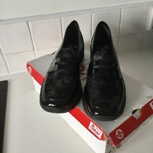 Brand New In Box Women’s Rieker Black Patent Multi Slip On Loafer Shoes - UK 7