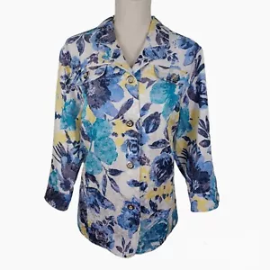 TanJay Floral Jacket Womens 18 Blue/Yellow -Button Front -Collared -Faux Pockets - Picture 1 of 16