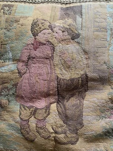 Vintage Boy & Girl Garden Tapestry Woven  10” Square Pillow Velvet - Picture 1 of 4