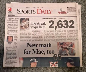 1998 Kansas City Star Headline Display Newpaper Cal Ripkin Streak stops - Picture 1 of 2