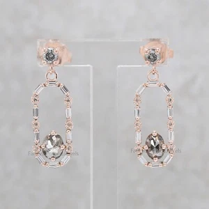 0.64 Ct Natural Oval Salt And Pepper Diamond 14K Rose Gold Engagement Earrings - Picture 1 of 8