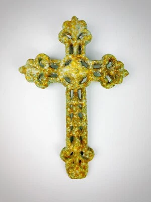 Small FLEUR DE LIS CROSS, Rustic Green Yellow Cast Iron Floral Feminine Decor - Image 1 of 4
