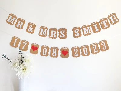 BANNER PERSONALIZZATO Bunting Rustico Matrimonio Festa Ricevimento Baby Shower Compleanno - Immagine 1 di 4