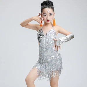 Kids Girls Outfit Dancewear Dress with Gloves Sequin Tassel Giltter Latin Salsa - Picture 1 of 15