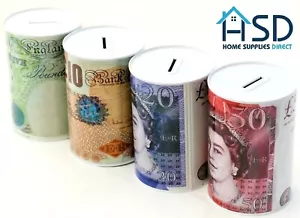 Money Tin Pound Note Design Kids Cash Saving PIggy Bank Box £5 £10 £20 £50 - Picture 1 of 8