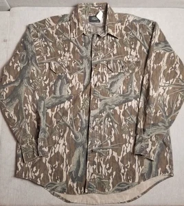 Vtg Wolf Mountain Mossy Oak Treestand Hunting Camo Shirt USA Sz L 16.5x34 - Picture 1 of 11