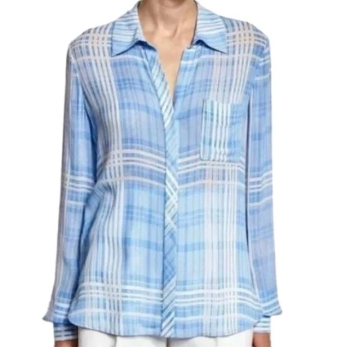 14 码 DVF Diane Von Furstenberg 蓝色学院风轻便流畅轻松衬衫 — 第 1/4 张图片
