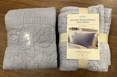 2pk Threshold Garment Washed Paisley Stitch Shams 20x26" OEKO-TEX, Sky Blue - Image 1 of 4