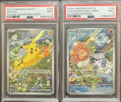SEQUENTIAL PSA 9 PIKACHU 088 & CASTFORM SUNNY FORM SURGING SPARKS POKEMON - Image 1 of 2