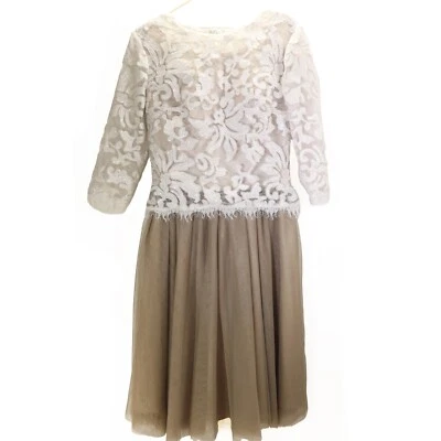 Izilady Dress S White Lace Sequin Tan Chiffon Layered Satin Double Lined Skirt - Image 1 of 4