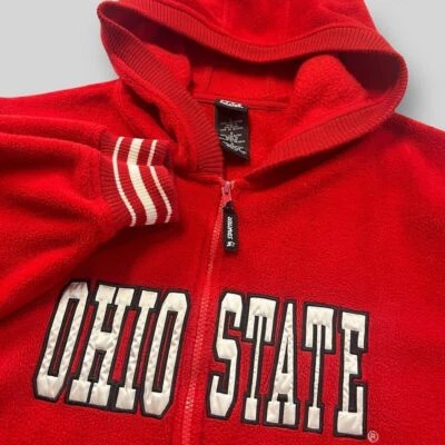 Jaqueta Masculina Vintage Starter Vermelha Ohio State Lã com Capuz Grande Listra Varsity - Imagem 1 de 4