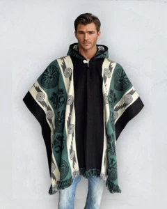 Alpaca Poncho with Hood black/green | Soft Wool | Native Design | Handcrafted - Picture 1 of 9
