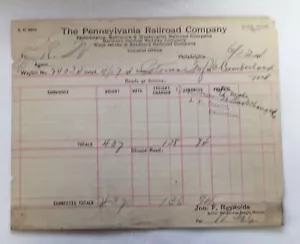Pennsylvania Railway Railroad Company Freight Receipt Bill 1911 Waybill Paper - Picture 1 of 4