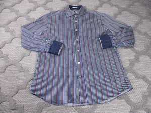 Bugatchi Mens Button Shirt Blue/Red/White Sz Large Flip Cuff Striped Shaped Fit - Picture 1 of 13