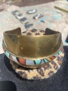Cuff Bracelet Brass Turquoise, Coral, Pearl, Onyx - Picture 1 of 3