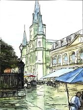 Hand Drawn and Painted 16"X20" Art FRENCH QUARTER, JACKSON SQUARE, NEW ORLEANS