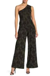 Free People Jumpsuit Size Medium Maya Green Black Pants One Piece One Shoulder - Picture 1 of 9