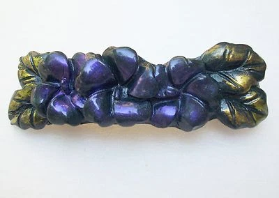  PURPLE IRRIDESCENT FLOWERS GREEN LEAVES BLACK HAIR CLIP BARRETTE - Image 1 of 3