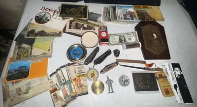 Vintage Antique Junk Drawer Lot Indian Motorcycle Coins Post Cards Letter Opener - Image 1 of 4