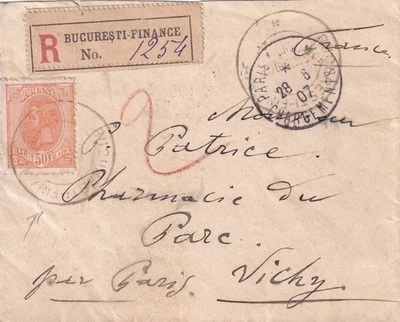 RUMANÍA - 1907 RARO CANCELAR BUCURESTI FINANZAS REG CUBIERTA A FRANCIA Foto 1 de 2